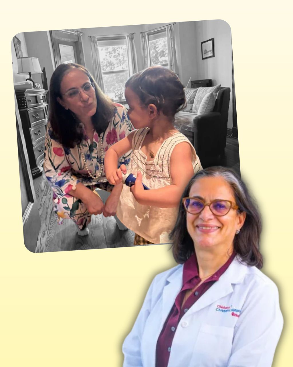 Dr. Benazir Drabu, MD, in a white coat, beside a snapshot of her crouched with a toddler